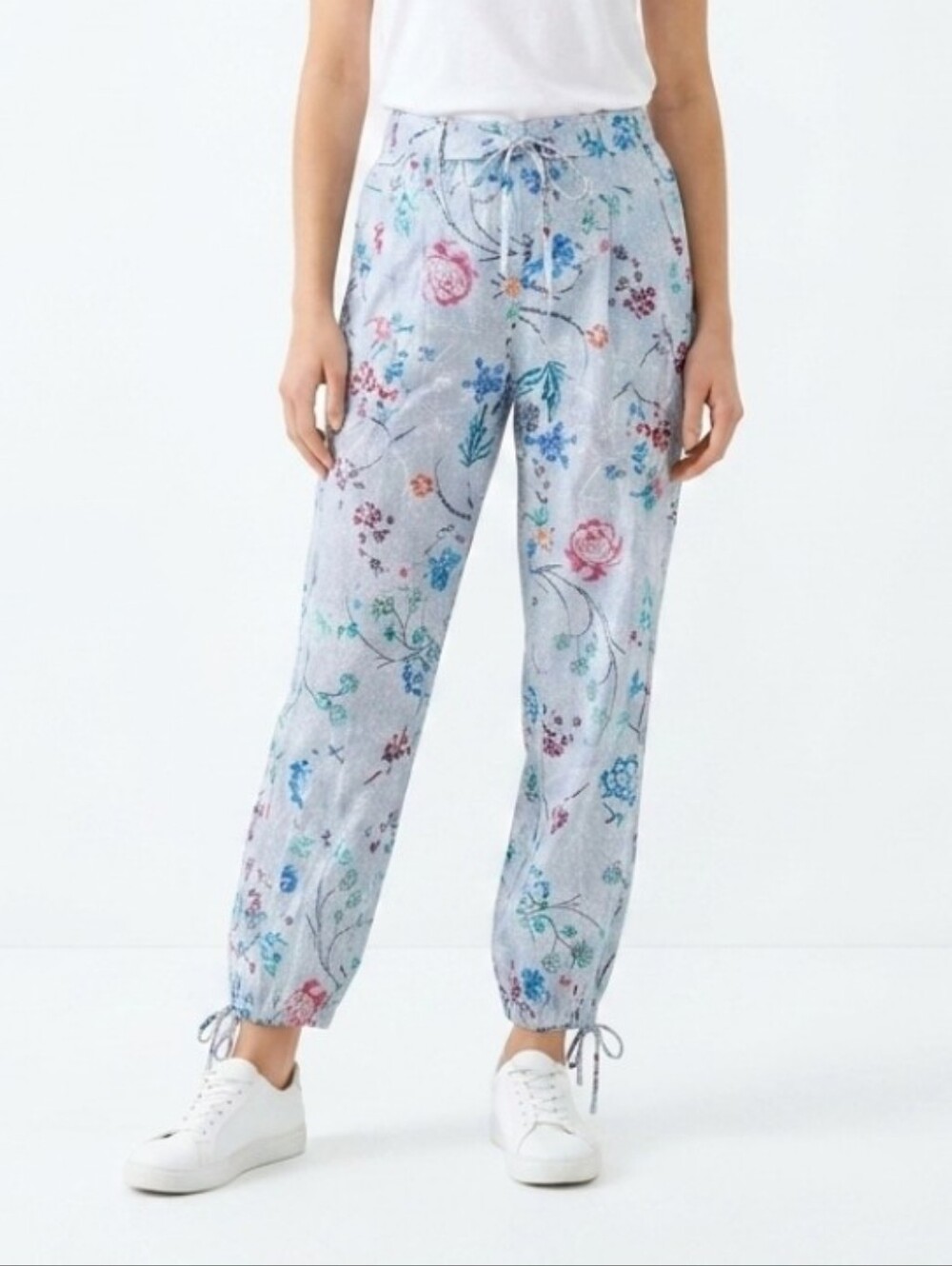 Gray Floral Drawstring Jogger Pants Boho 100% Cotton Women's Size Large